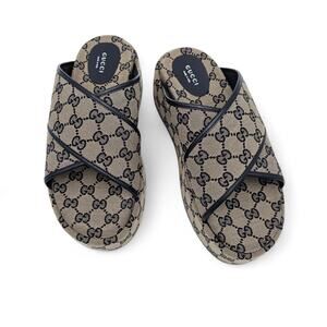Gucci GG Monogram Criss Cross Platform Slide Sandal Beige Blue Size 40 US 10